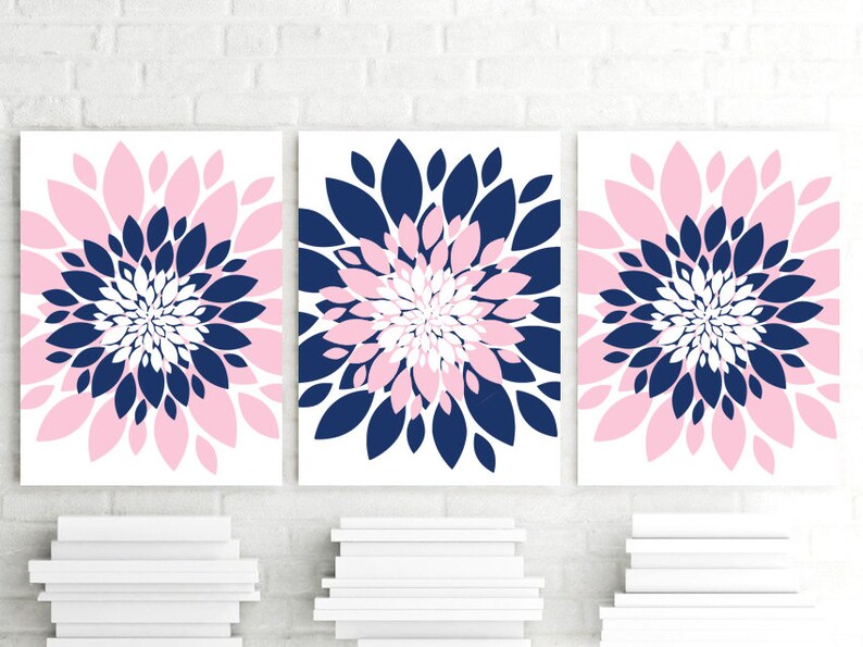Pink Navy Blue Flower Wall Art Flower Burst Petal Art Prints Etsy