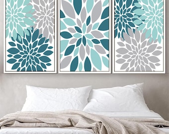 Teal Aqua Gray Flower Wall Art: Dahlia Petal Set of 3 - Framed, Canvas, or Art Prints