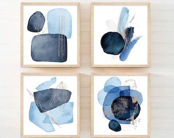 Navy Blue Abstract Watercolor Wall Art: Set of 4 - Framed, Canvas, or Art Prints WC