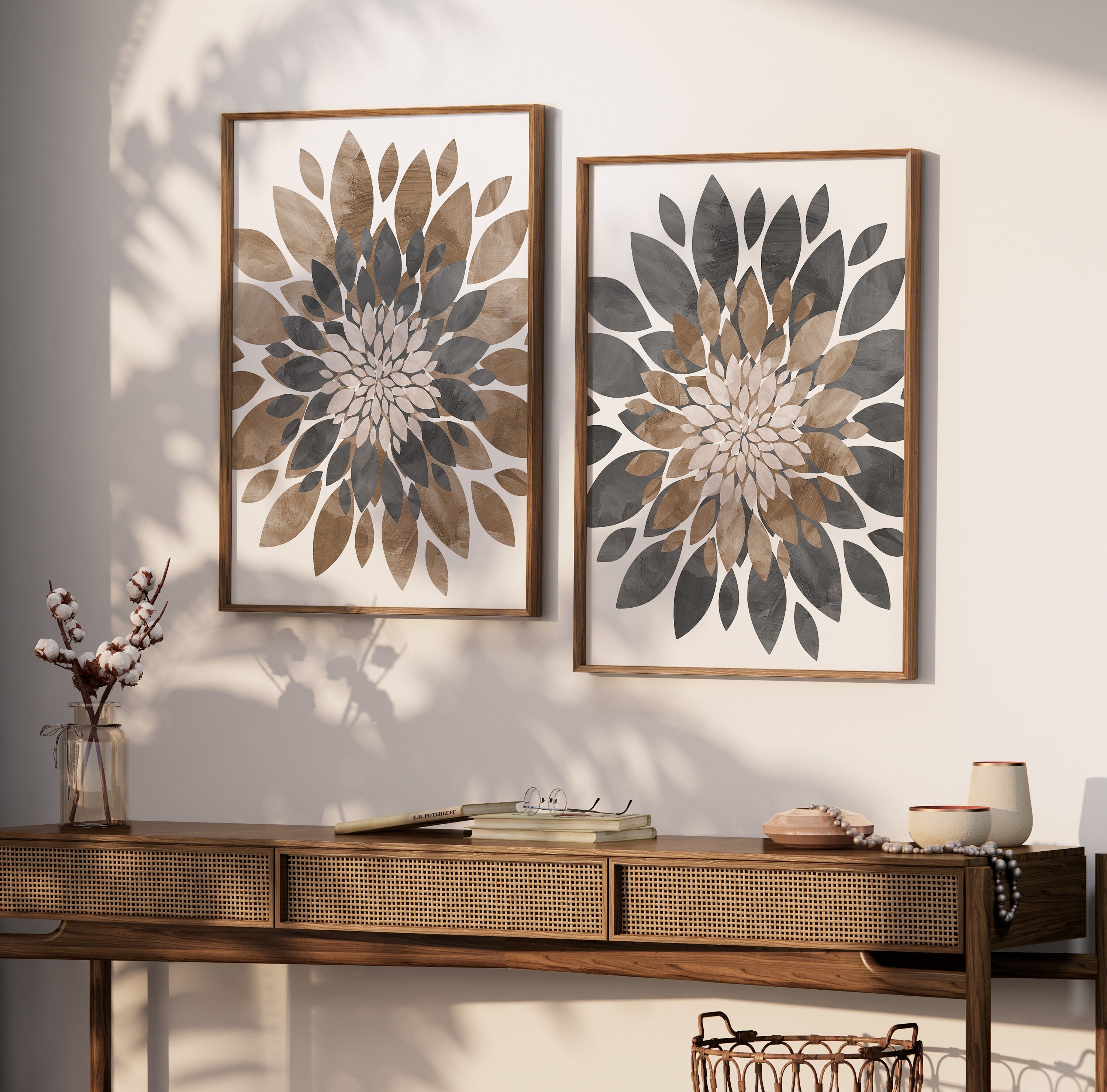 Brown Gray Flower Wall Art Watercolor Floral Art Prints Etsy