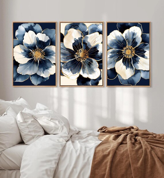 Framed Navy Blue Flower Wall Art Navy Gold Floral Art Prints Navy 