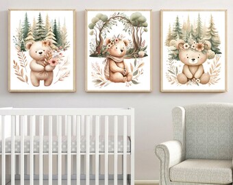 Girl Woodland Bear Pictures - Bear Nursery Wall Art Prints - Forest Bear Nursery Wall Decor - Floral Woodland Bears Canvas Picture Set of 3