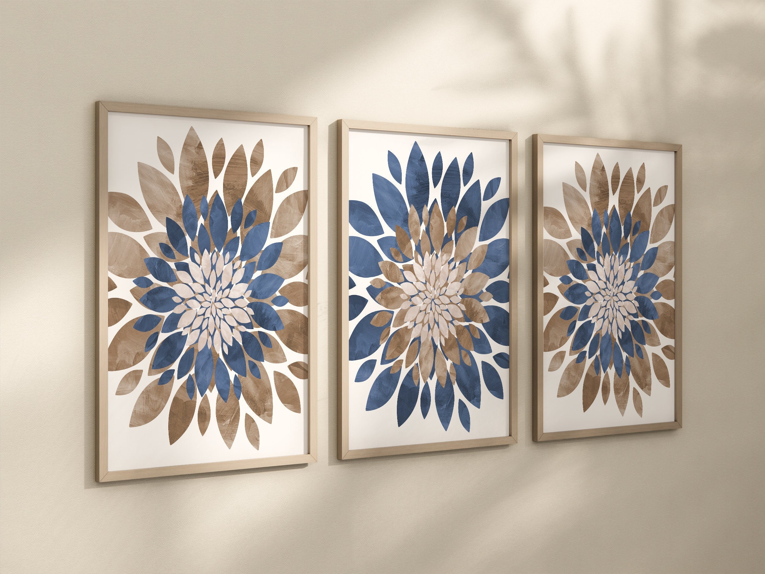 Blue Brown Flower Wall Art Navy Brown Flower Prints Canvas Etsy