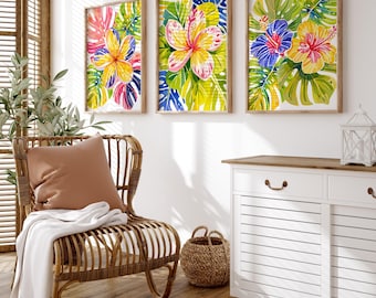 Tropical Hibiscus Wall Art: Colorful Beach House Wall Decor Set of 3 - Framed, Canvas, or Art Prints WC