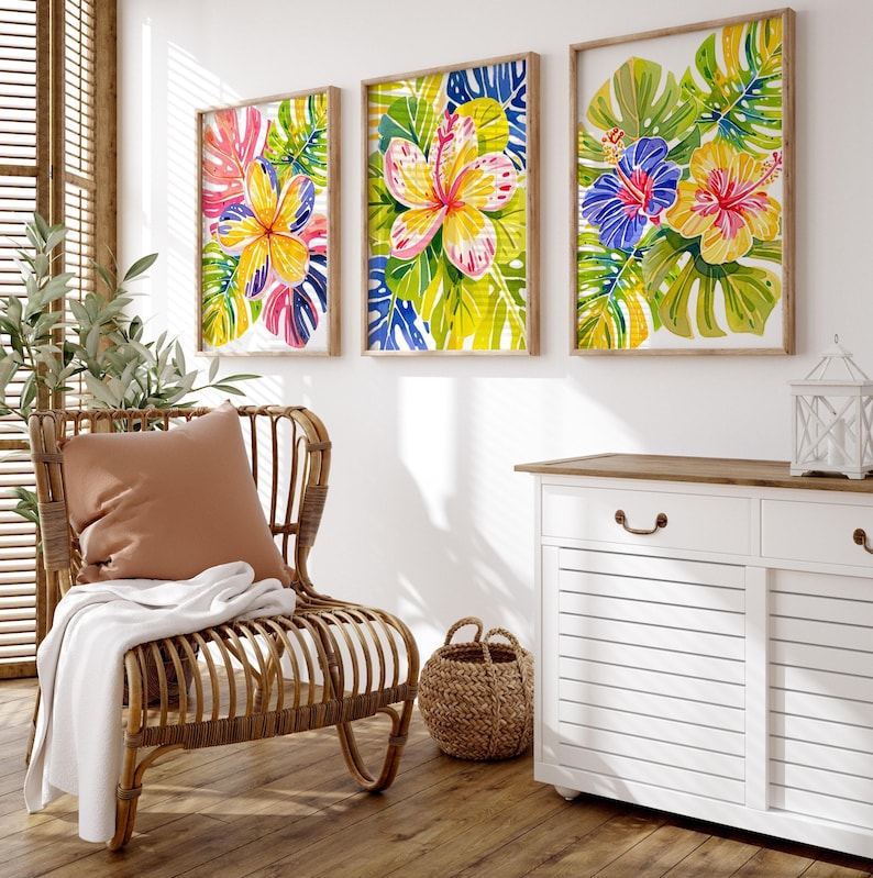 Tropical Hibiscus Wall Art: Colorful Beach House Wall Decor Set of 3 - Framed, Canvas, or Art Prints WC image 1