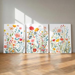Wildflower Wall Decor - Framed Wildflower Wall Art Prints - Wildflower Canvas  Artwork - Colorful Wildflower Nursery Pictures Set of 3