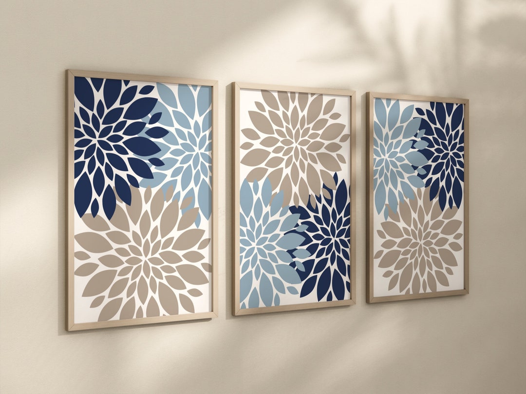 Blue Gray Flower Wall Art Flower Burst Dahlia Petal Prints Blue Gray