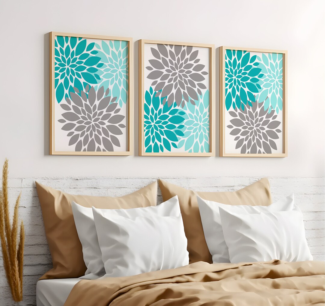 Teal Aqua Gray Flower Wall Art, Flower Burst Dahlia Petal Prints or Canvas, Teal Aqua Gray