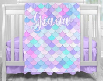 Mermaid Blanket, Baby Girl Blanket Mermaid Pattern, Personalized Baby Girl Shower Gift, Mermaid Theme Blanket, Mermaid Baby Shower Gift