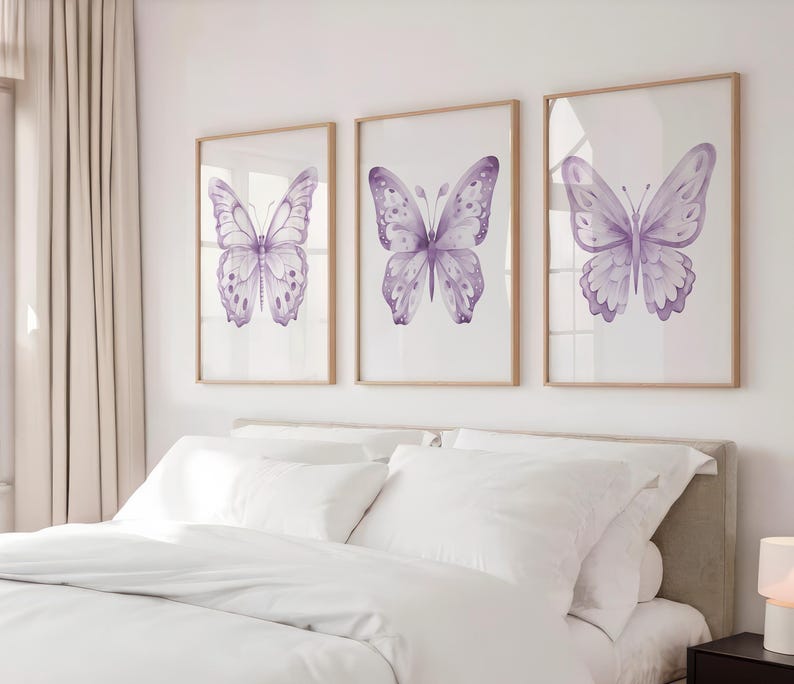 Purple Butterfly Artwork - Lavender Butterfly Nursery Wall Art - Girl Bedroom Wall Decor - Framed Butterfly Pictures Set of 3 WC