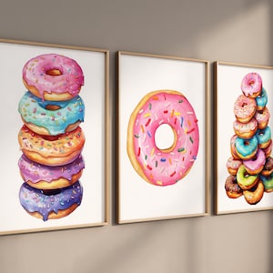 DONUT Wall Art Print - Donut Bakery Print - Framed Watercolor Donut Dessert Kitchen Artwork Donuts Pictures Wall Decor Canvas Sets of 3