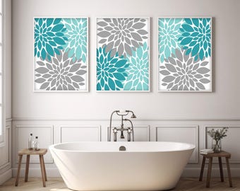 Teal Aqua Gray Flower Wall Art - Framed Flower Burst Dahlia Art Prints - Aqua Gray Bedroom Artwork - Turquoise Bathroom Wall Decor Set of 3