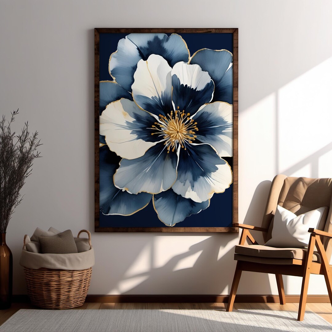 Navy Flower Wall Art Print - Framed Navy Flower Artwork - Navy Bedroom ...