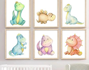Dinosaur Wall Art - Dino Artwork Decor - Boy Nursery Wall Art Set of 6 - Framed, Canvas, or Art Prints WC