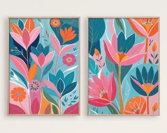 Teal & Orange Floral Wall Art - Flower Art Set of 2 - Framed, Canvas, or Art Prints WC