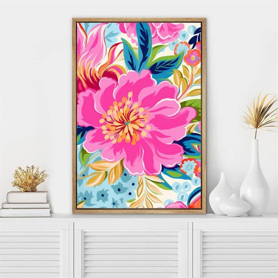 Vibrant Floral Art: Colorful Flower Wall Decor Set of 1 - Framed