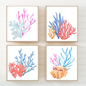 Coral Reef Wall Decor, Ocean Nautical Wall Prints, Frames or CanvasS, Watercolor Coral Reef Nautical Bathroom Wall Decor Pictures Set of 4