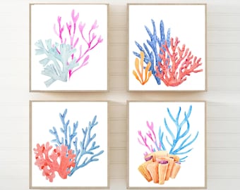 Decoración de la pared del arrecife de coral, impresiones de la pared náutica del océano, marcos o lienzos, imágenes de decoración de la pared del baño náutico del arrecife de coral de la acuarela conjunto de 4