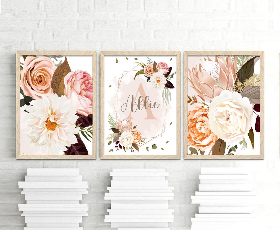 Monogram Floral Nursery Wall Art - Boho Flower Nursery Wall Art - Baby ...