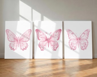 Pink Butterfly Wall Art - Pink Butterflies Art Prints - Framed  Butterfly Artwork - Baby Girl Nursery Wall Decor - Butterfly Canvas Set of 3