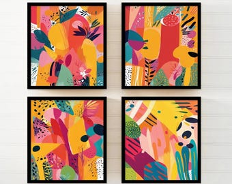 Colorful Abstract Wall Art Decor Set of 4 - Framed, Canvas, or Art Prints