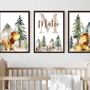 Moose Nursery Wall Decor - Woodland Moose Wall Art Print - Framed Moose Artwork - Personalized Boy Nursery Pictures - Moose Art Sets of 3