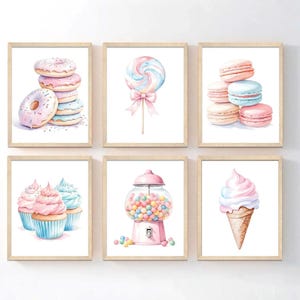 Pastel Sweets Wandkunst: Eis, Süßigkeiten, Donut, Kinderzimmer Dekoration, 6er Set, gerahmt, Leinwand oder Kunstdruck WC