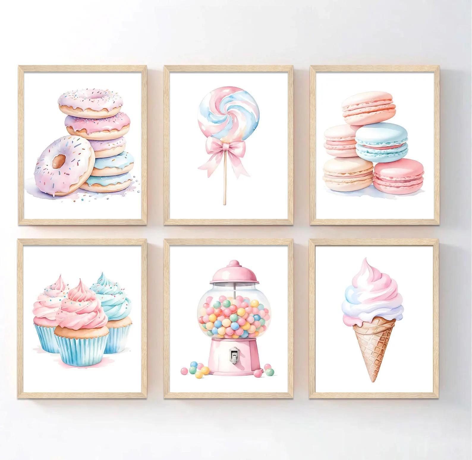 Pastel Sweets Wall Art: Ice Cream, Candy, Donut Nursery Decor Set of 6 Framed, Canvas, or Art Prints WC