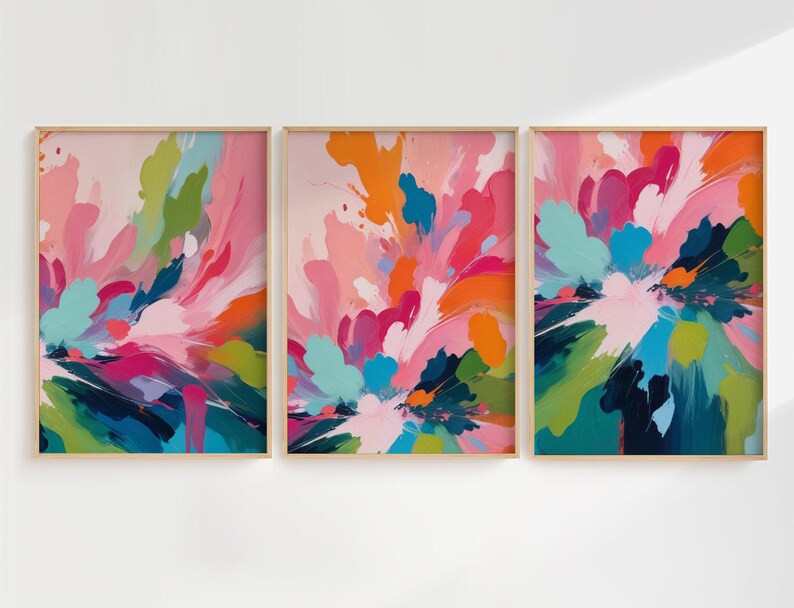 Colorful Abstract Wall Decor - Bright Abstract Art - Bold Bright Wall Art - Preppy Maximalist Artwork - Dorm Room Art Set of 3 WC image 2