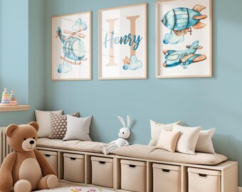 Decoración infantil con temática de aviones: Arte aeronáutico, juego de 3 piezas - Marcos, lienzos o láminas decorativas WC