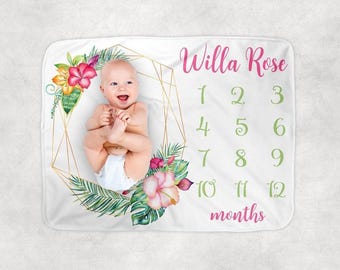 Tropical Milestone Blanket - Personalized Baby Shower Gift - Tropical Floral Girl Blanket - Newborn Monthly Blanket Photo Growth Chart