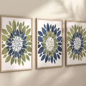 Blue Green Flower Wall Art: Farmhouse Floral Bedroom Bathroom Set of 3 Framed, Canvas, or Art Prints WC