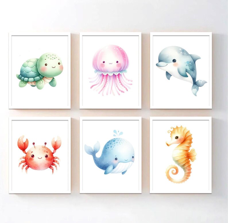 Under the Sea Animals Wall Art: Ocean Animals Nursery Decor Set of 6 ...