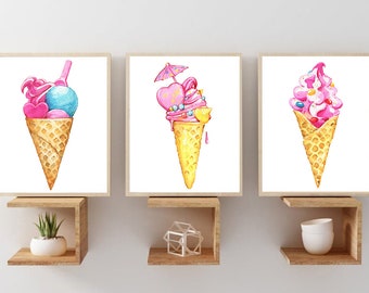 Ice Cream Cone Wall Art - Candy Sundae Ice Cream Prints - Canvas Watercolor Summer Dessert KITCHEN Wall Art Decor Pictures Canvas Set of 3