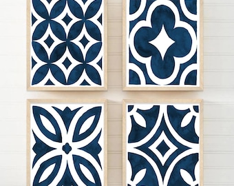 Mediterranean Wall Art - Navy Tile Kitchen Art - Navy Pattern Artwork - Farmhouse Kitchen Wall Decor -  Navy Set of 4 WC