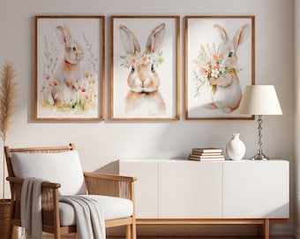 Floral Kaninchen Kinderzimmer Wandkunst: Aquarell Kaninchen Kinderzimmer Wand Dekoration von 3 - Gerahmt, Leinwand oder Kunstdruck