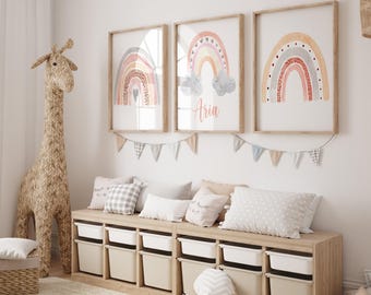 Gepersonaliseerde boho regenboog muurkunst set van 3 - ingelijst, canvas of kunstafdrukken toilet