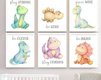 Dekoracja ścienna z dinozaurami - Dzieło sztuki z dinozaurami - Cytaty o dinozaurach - Dekoracja ścienna do pokoju dziecięcego z dinozaurami - Zestaw 6 sztuk wc z motywem dinozaurów