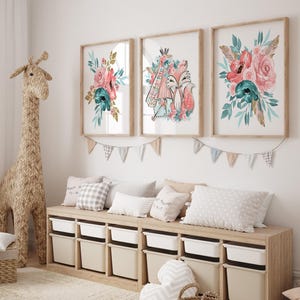Girl Fox Floral Wall Decor Set of 3 - Framed, Canvas, or Art Prints WC