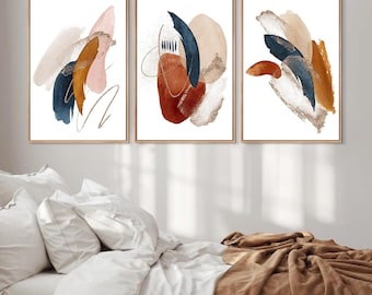 Navy Orange Gold Abstract Wall Art Set of 3 - Framed, Canvas, or Art Prints WC