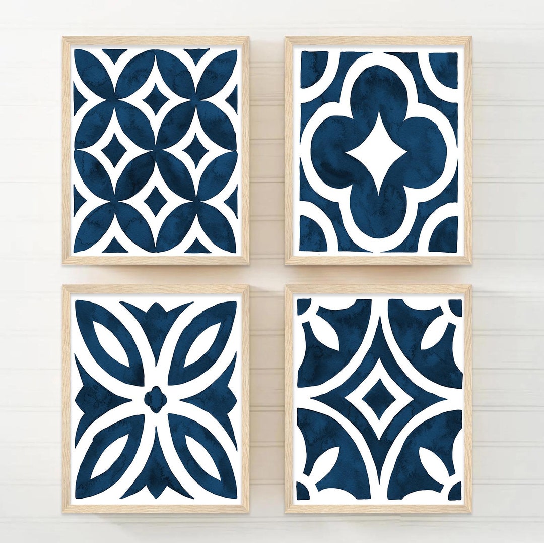 Mediterranean Wall Art - Navy Tile Kitchen Art - Navy Pattern Artwork - Farmhouse Kitchen Wall ...