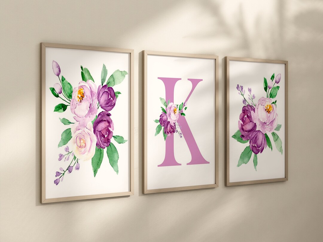 Lavender Flower Monogram Wall Art Girl Name Purple Nursery Etsy