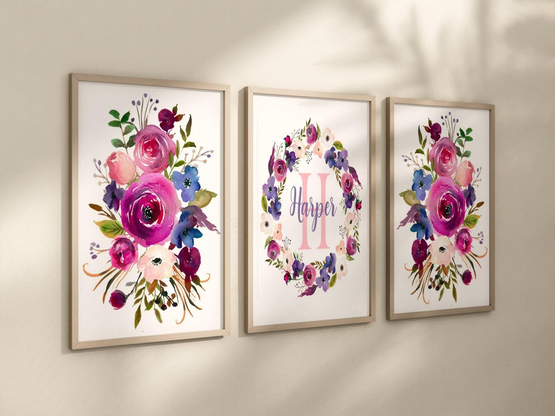 Purple Flower Nursery Wall Decor - Purple Pink Flower Wall Art - Girl ...