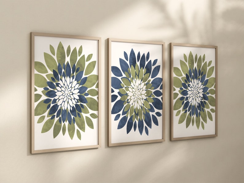 Blue Green Flower Wall Art, Green Blue Flower Prints, Canvas Navy Green Flowers Pictures, Bedroom Wall Decor, Framed Bathroom Art Set of 3 image 2