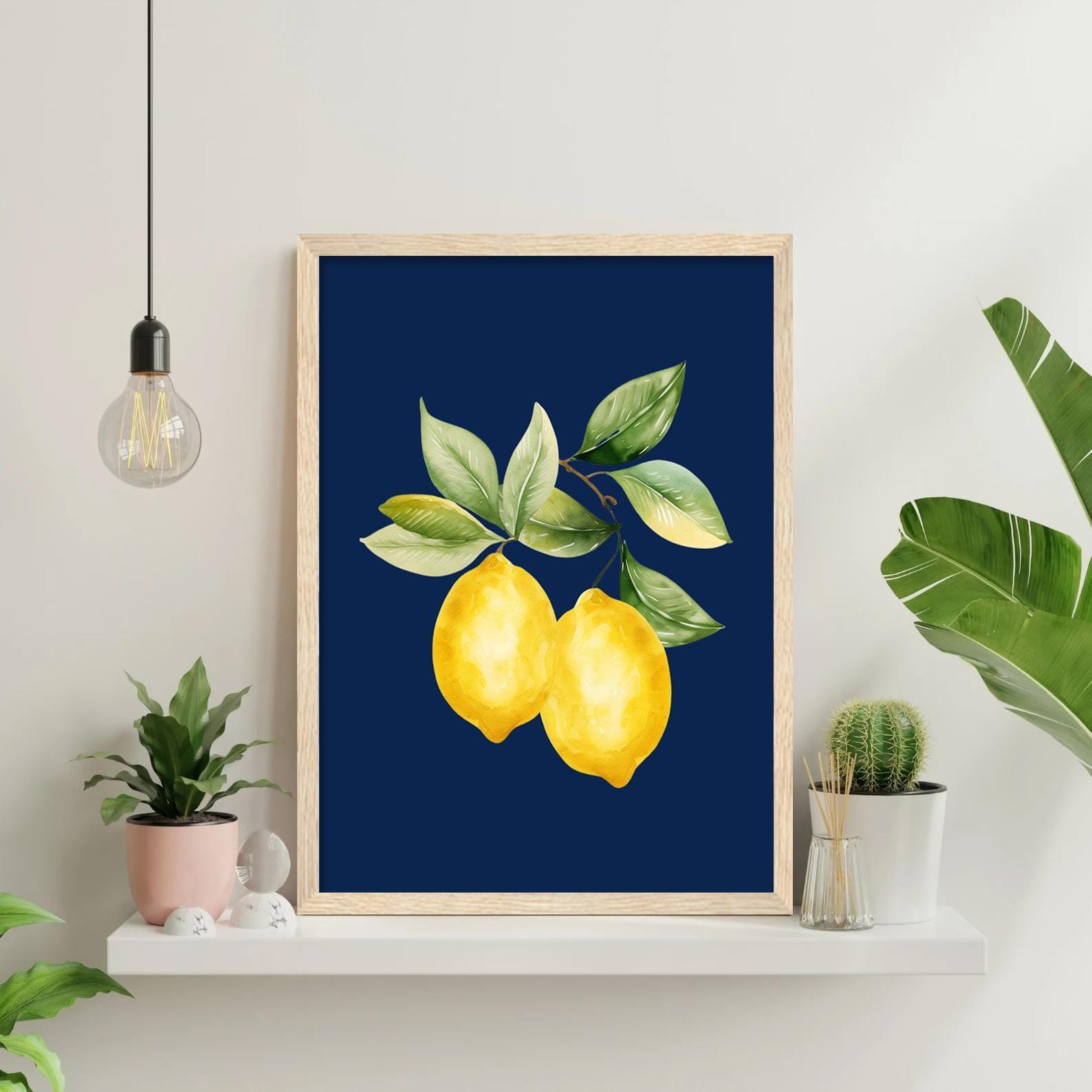 Lemon Wall Art: Navy & Yellow Kitchen Decor (set of 3) - Framed