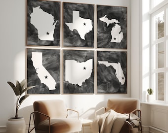 Personalized State Wall Art Set of 6, Custom State Map Prints, Hometown Wall Decor, Family Location Artwork, Framed State Maps