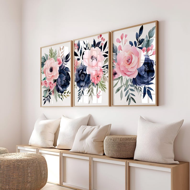 Navy Pink Watercolor Flower Wall Art: Floral Nursery Set of 3 - Framed ...
