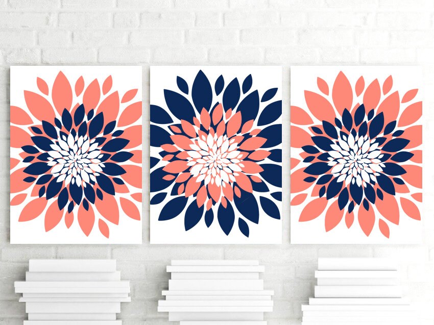 Coral Navy Blue Flower Wall Art Flower Burst Dahlia Petal Etsy