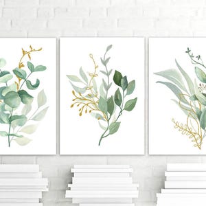 Eucalyptus Wall Art - Watercolor Leaves Art - Eucalyptus Bedroom Picture Botanical Bathroom Wall Decor Artwork Set of 3 WC image 3