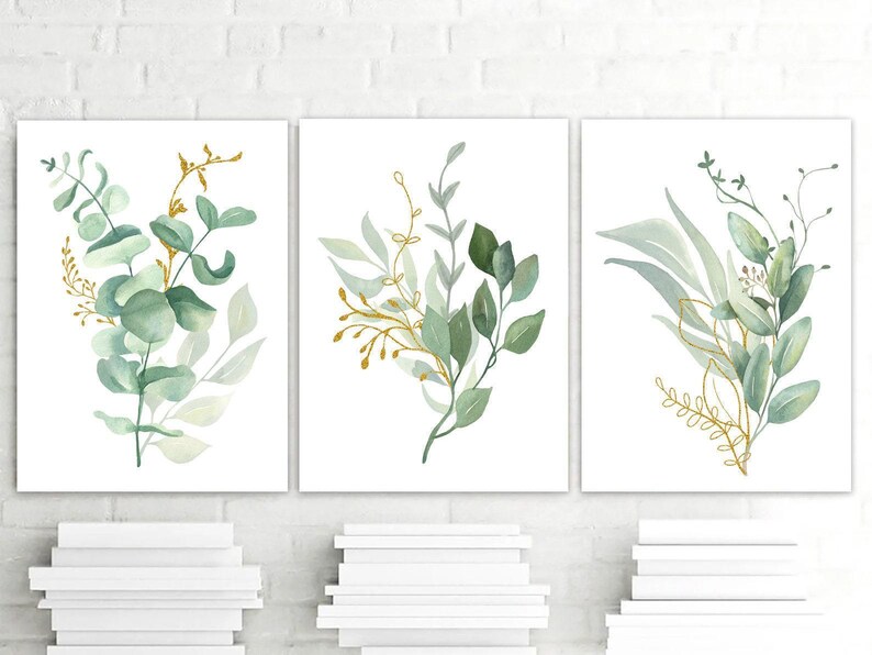 Eucalyptus Wall Art - Watercolor Leaves Art - Eucalyptus Bedroom Picture Botanical Bathroom Wall Decor Artwork Set of 3 WC image 3